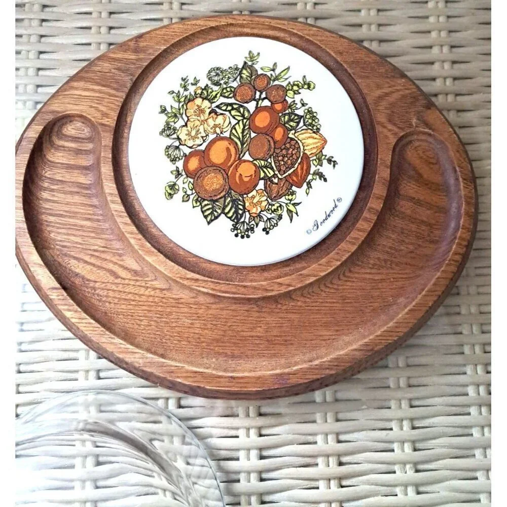 MCM VTG Wood Cheese Board Glass Dome Tray Charcuterie Spice of Life Pattern
